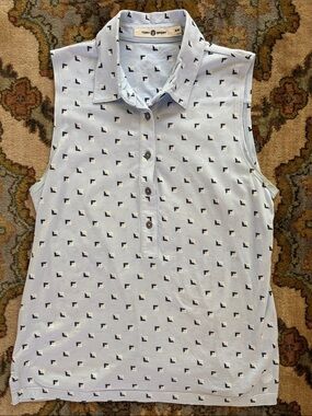 Tory Sport Light Blue Sleeveless Button-Down Top with Navy Geo Print